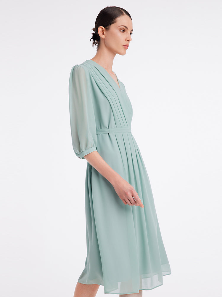 V-Neck Pleated Lace Up Wrap Midi Dress