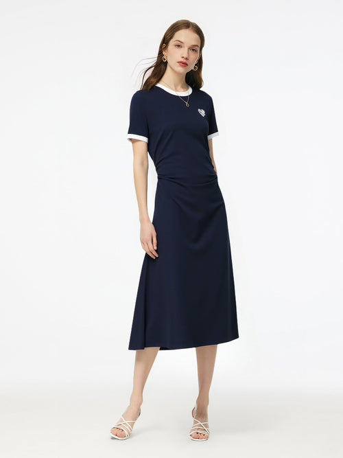 Side Pleat Round Neck Women Knit Midi Dress