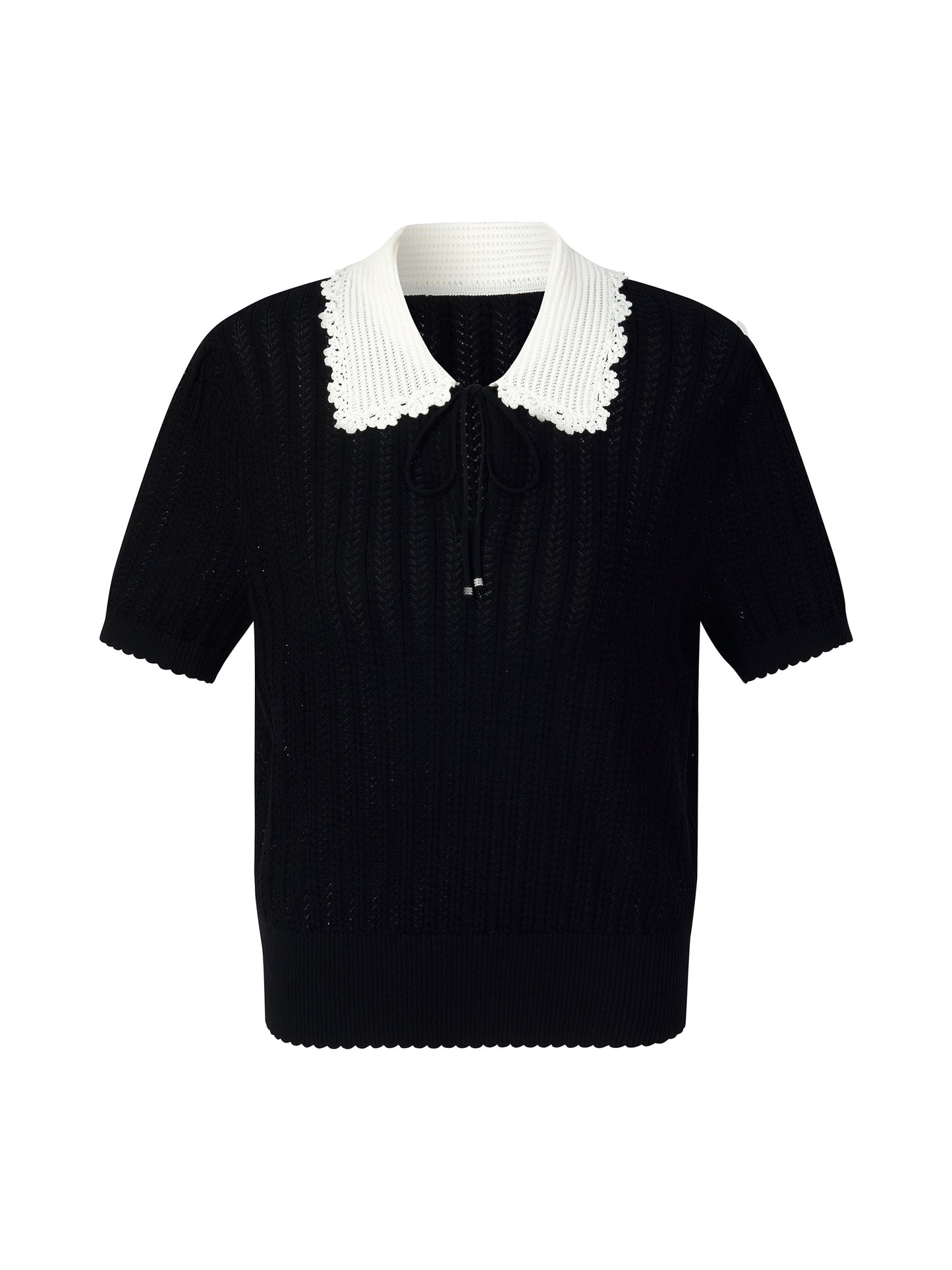 Tencel Blend Color Block Tie Front Women Openwork Knit Top