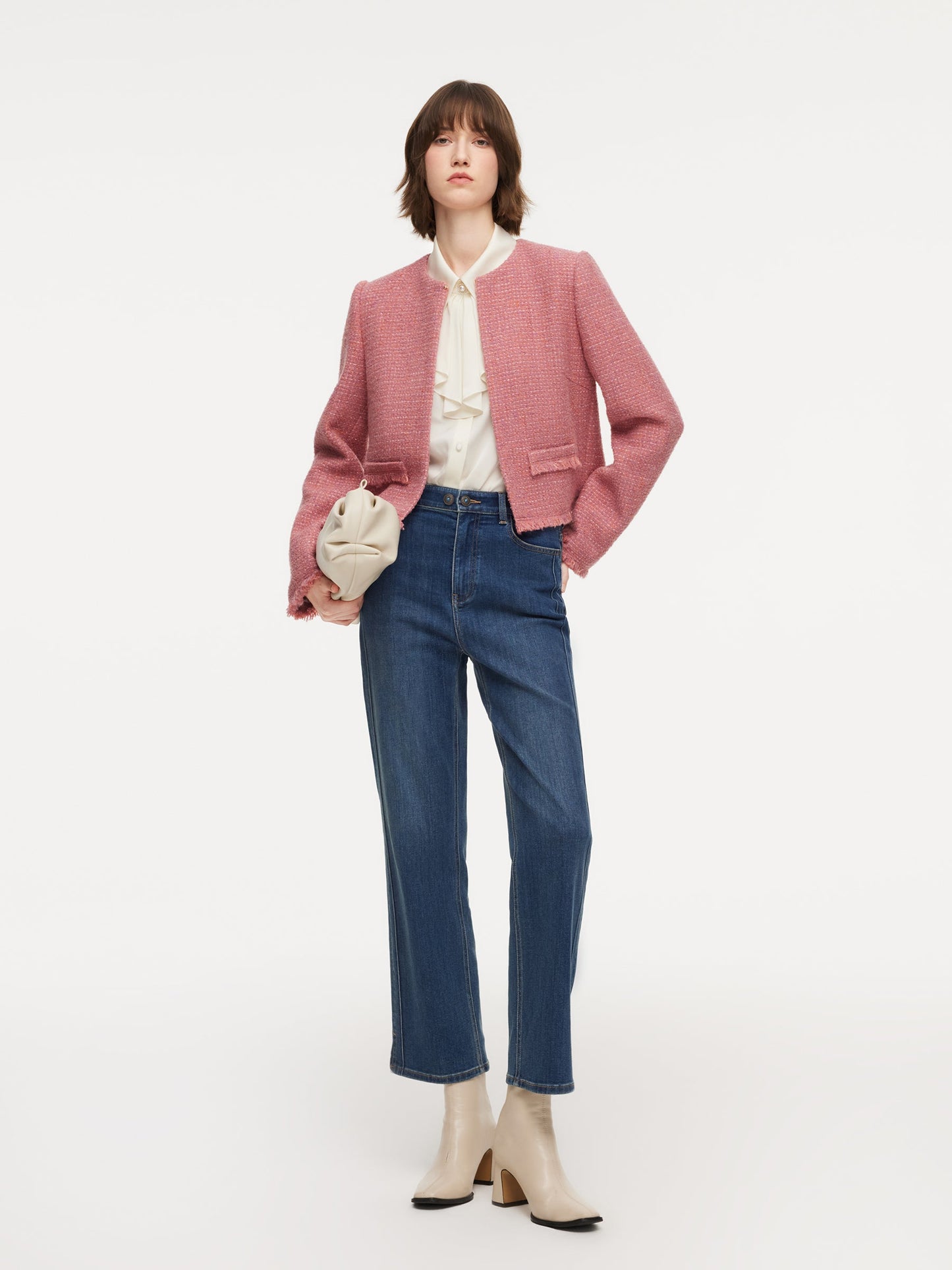 Wool Blend Tweed Frayed Hem Women Jacket