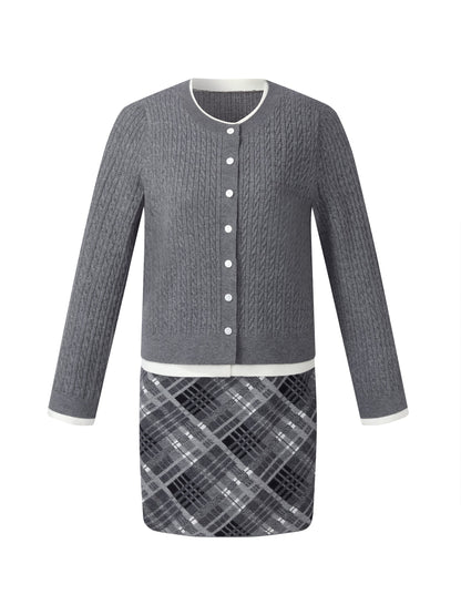 Faux-Layered Cardigan And Plaid Skirt Two-Piece Set