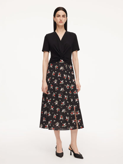 16MM Mulberry Silk Acetate Blend Patchwork Women Side Slit Maxi Dress