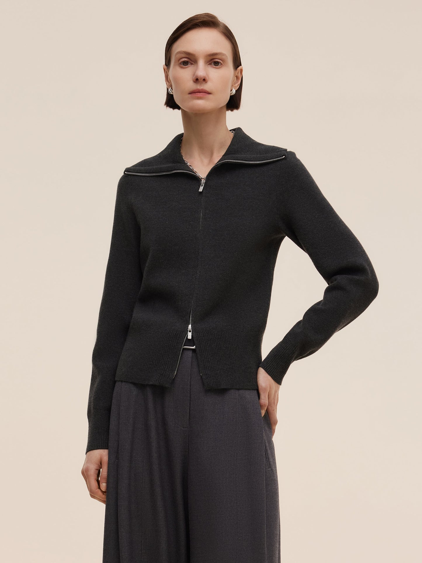 Tencel Wool Blend Zip-Up Women Cardigan