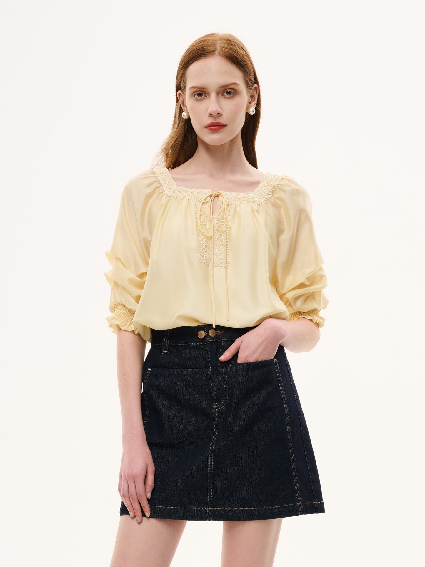 Tencel Blend Embroidered Square Neck Women Blouse
