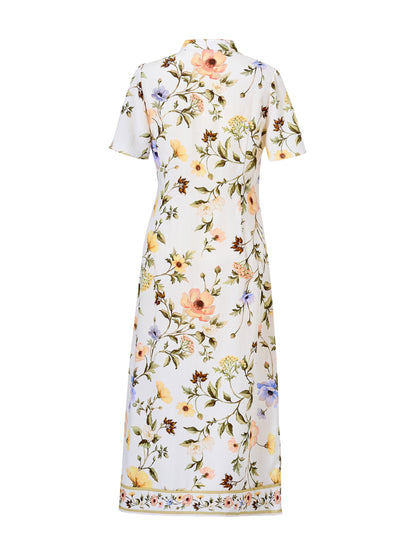 Tencel Linen Blend Floral Print Women Qipao Maxi Dress