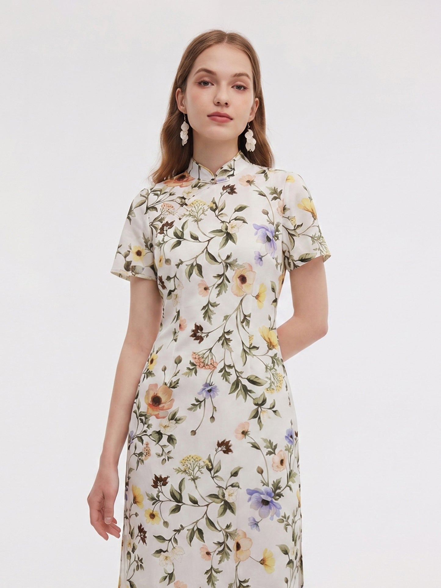 Tencel Linen Blend Floral Print Women Qipao Maxi Dress