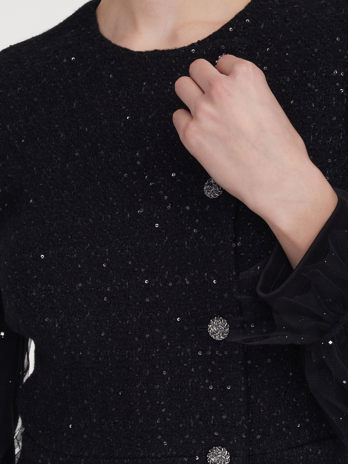 Wool Blend Tweed Sequins Women Long Sleeve Mini Dress