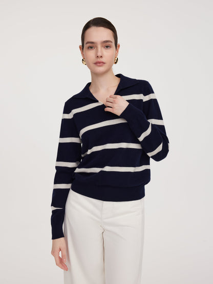 100% Wool Stripe Women Polo Sweater