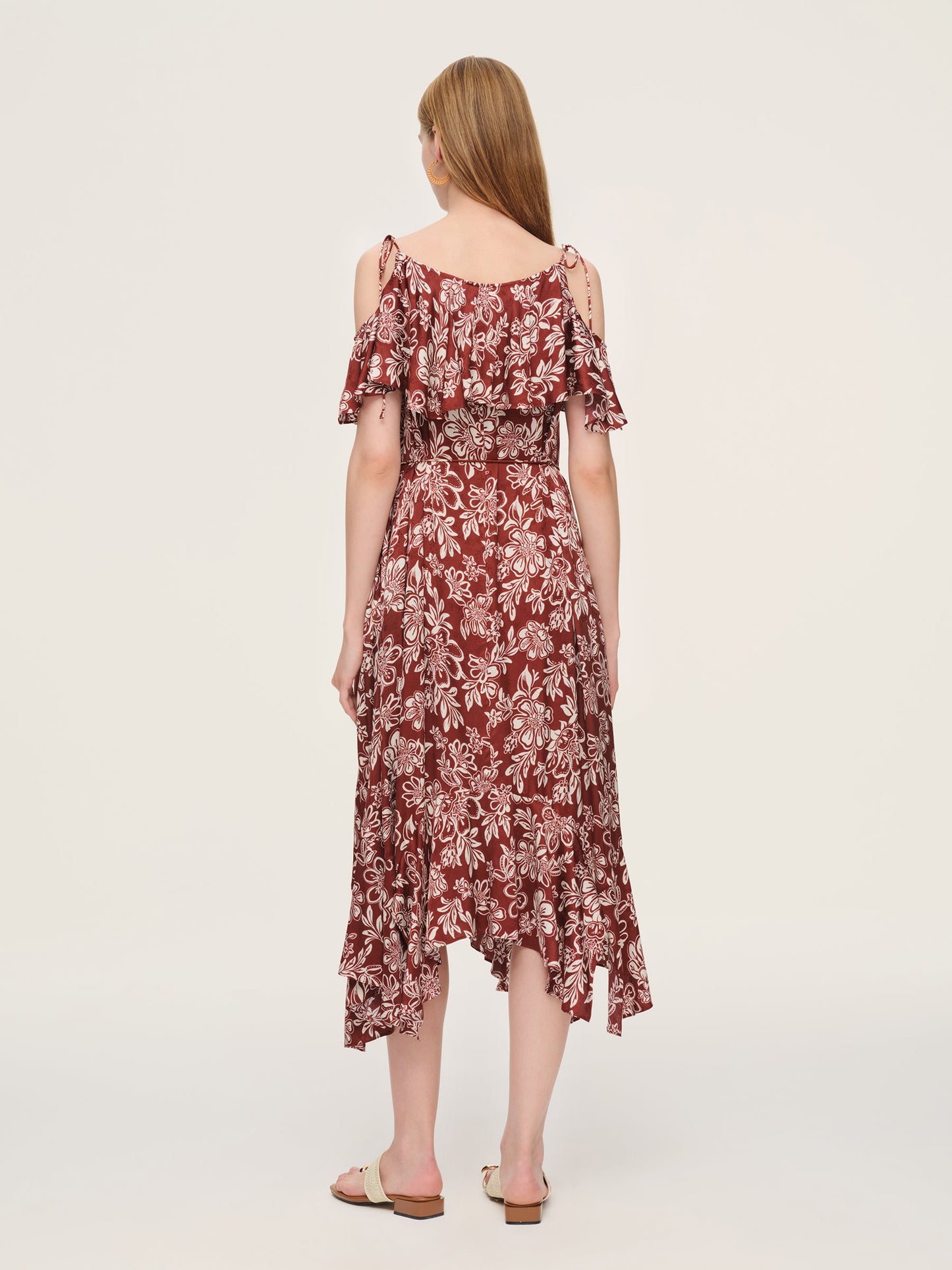 Marigold Floral Print Cold Shoulder Women Strap Maxi Dress