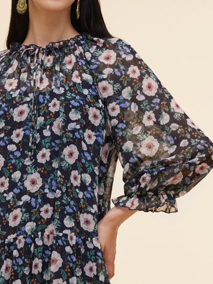 10MM Mulberry Silk Floral Print Women Ruffle Collar Midi Dress