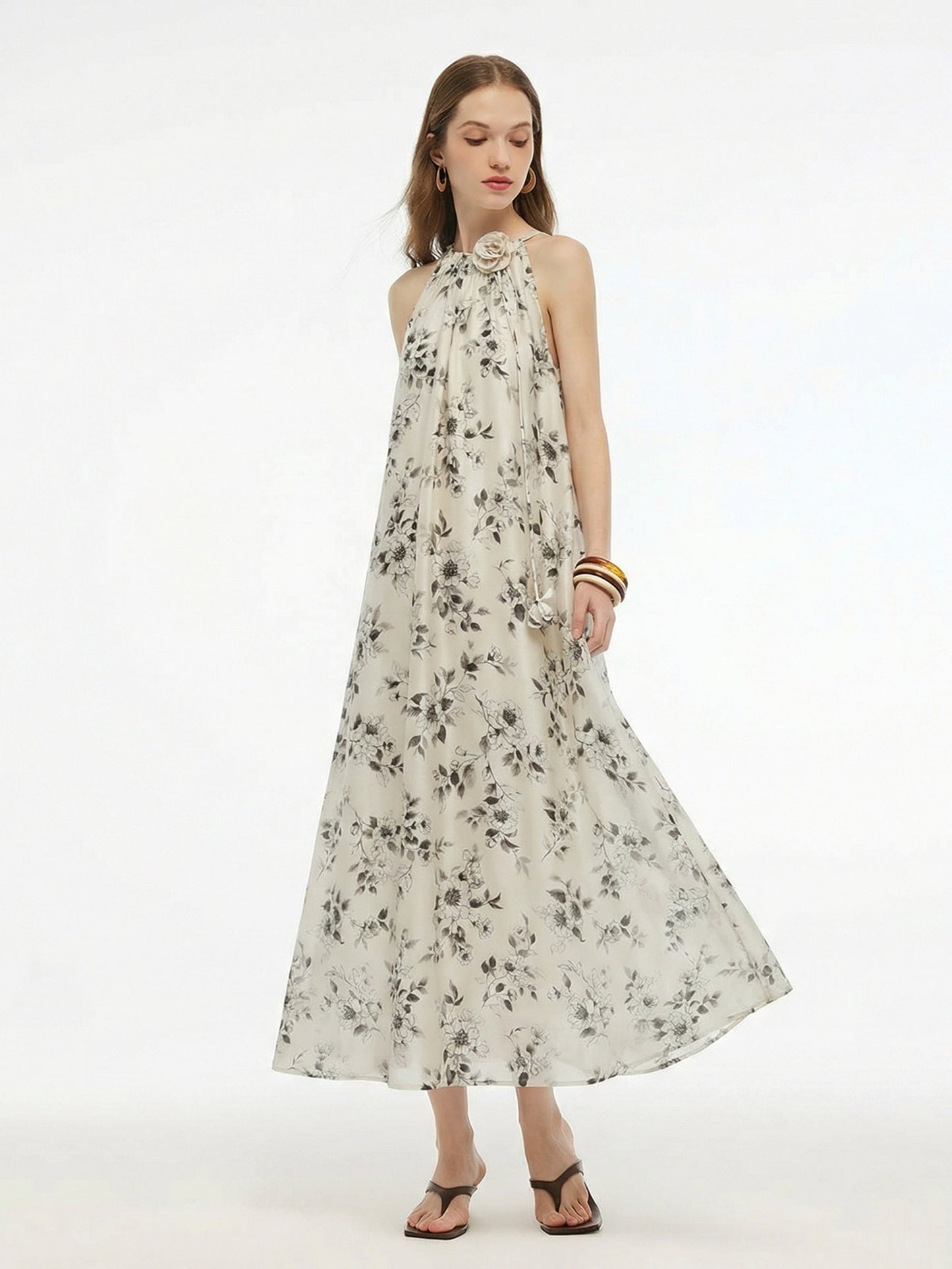 Floral Print Women Halter Maxi Dress With Ribbon