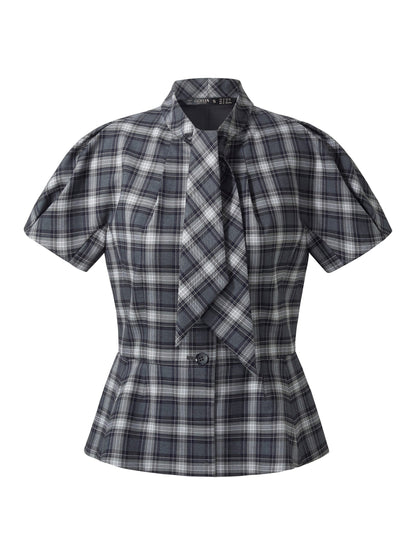 Plaid Ribbon Tie Women Flare Hem Top