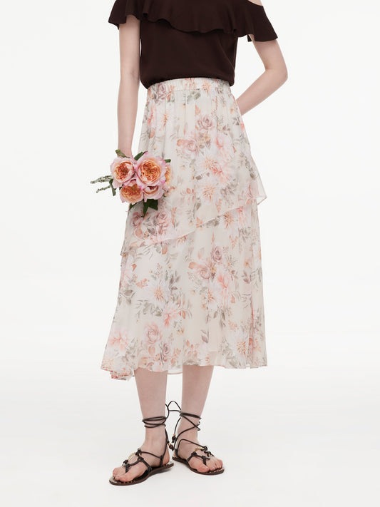 10MM Mulberry Silk Floral Print Women Tiered Skirt