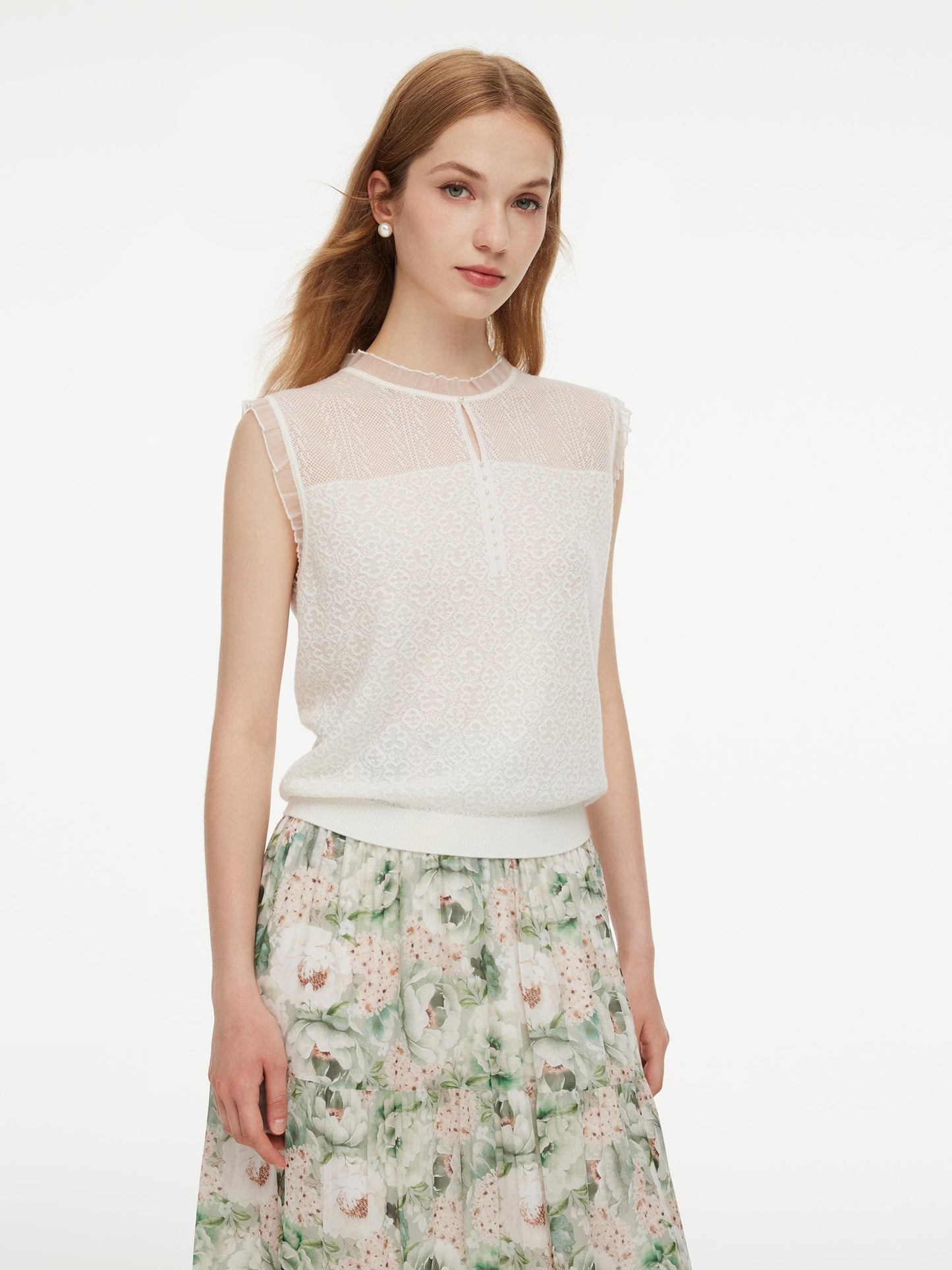 Jacquard Cut Out Neckline Women Ruffle Knit Tank Top