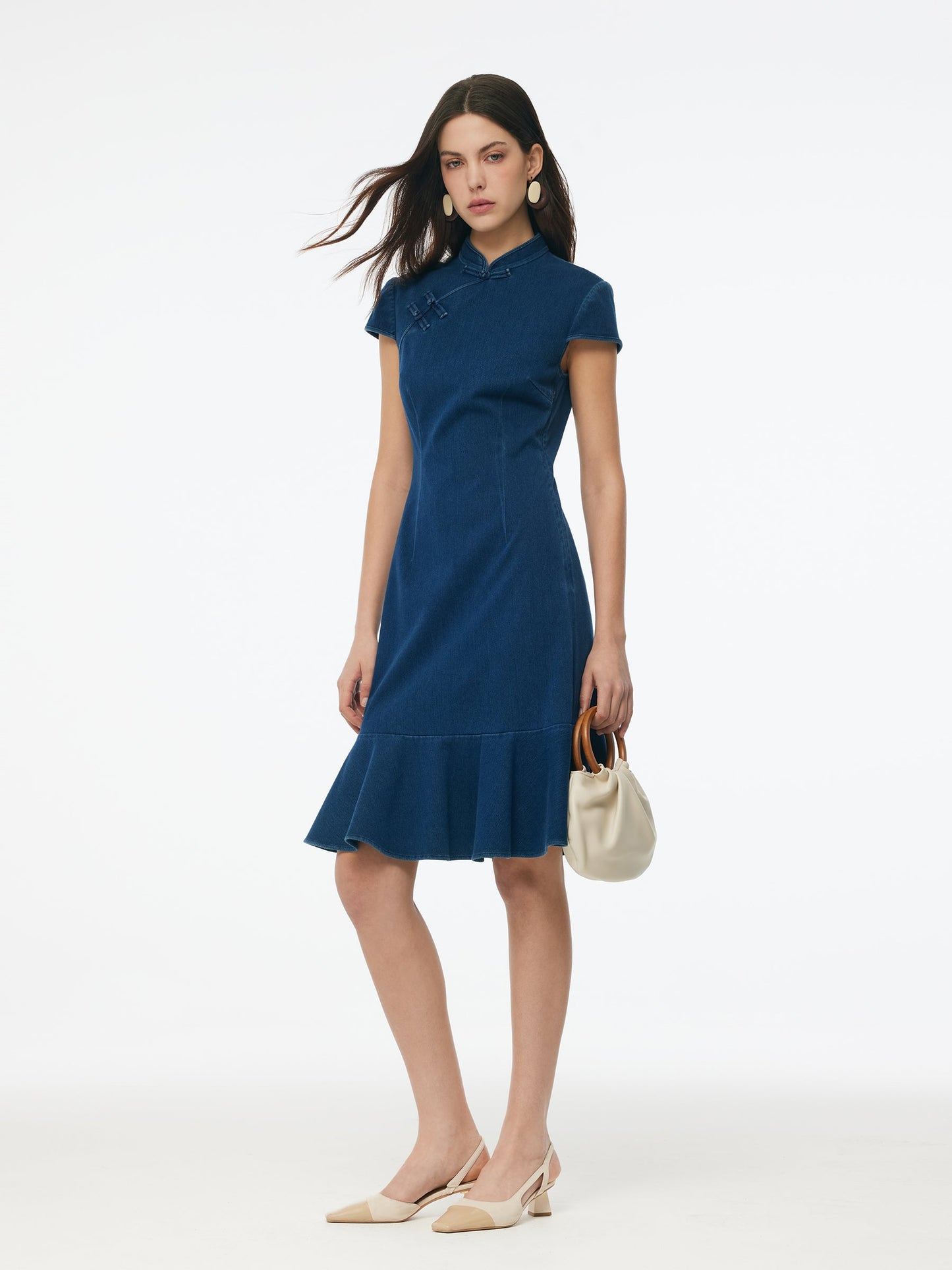 Denim Ruffle Hem Women Stretchy Knit Qipao Mini Dress