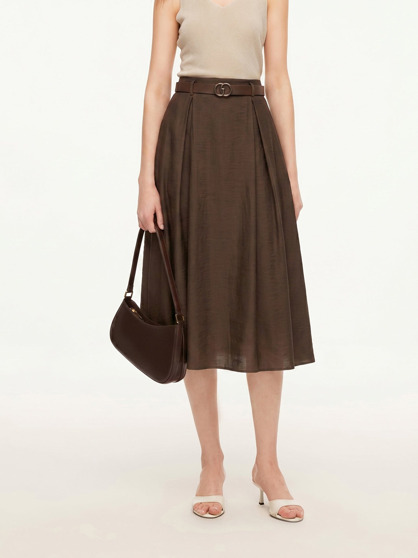 Tencel Linen Blend Women A-Line Skirt With Leather Belt