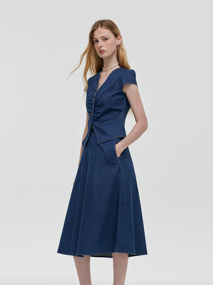 Pre-Order Denim V-Neck Top And Midi Skirt Two-Piece Set