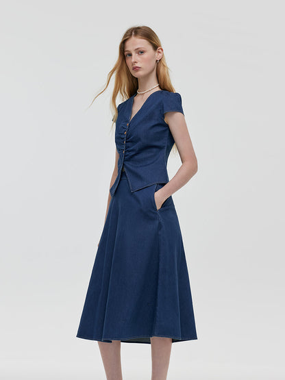 Pre-Order Denim V-Neck Top And Midi Skirt Two-Piece Set