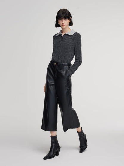PU Leather Wide Leg Women Pants