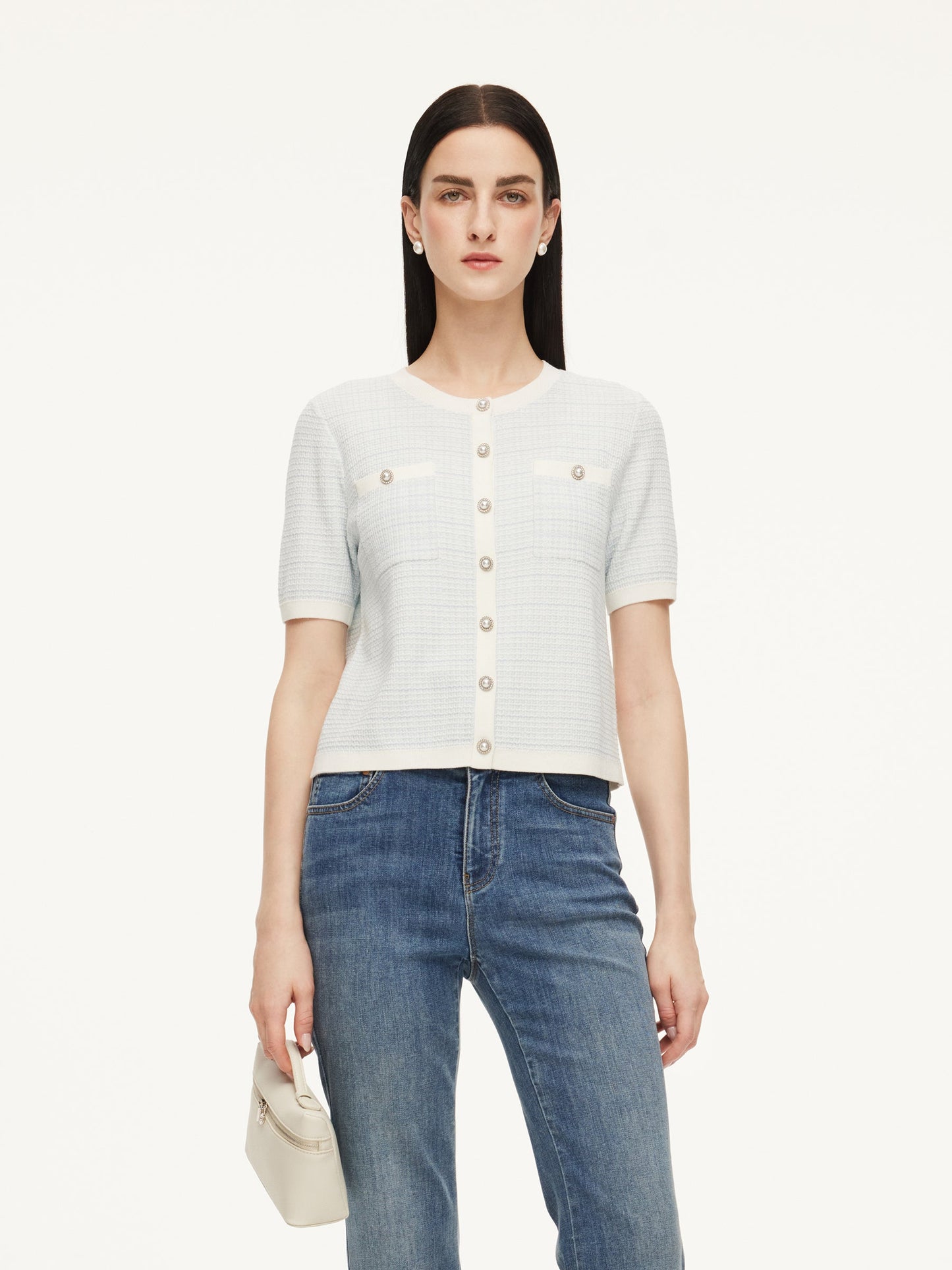 Tencel Blend Contrast Trim Women Textured Cardigan