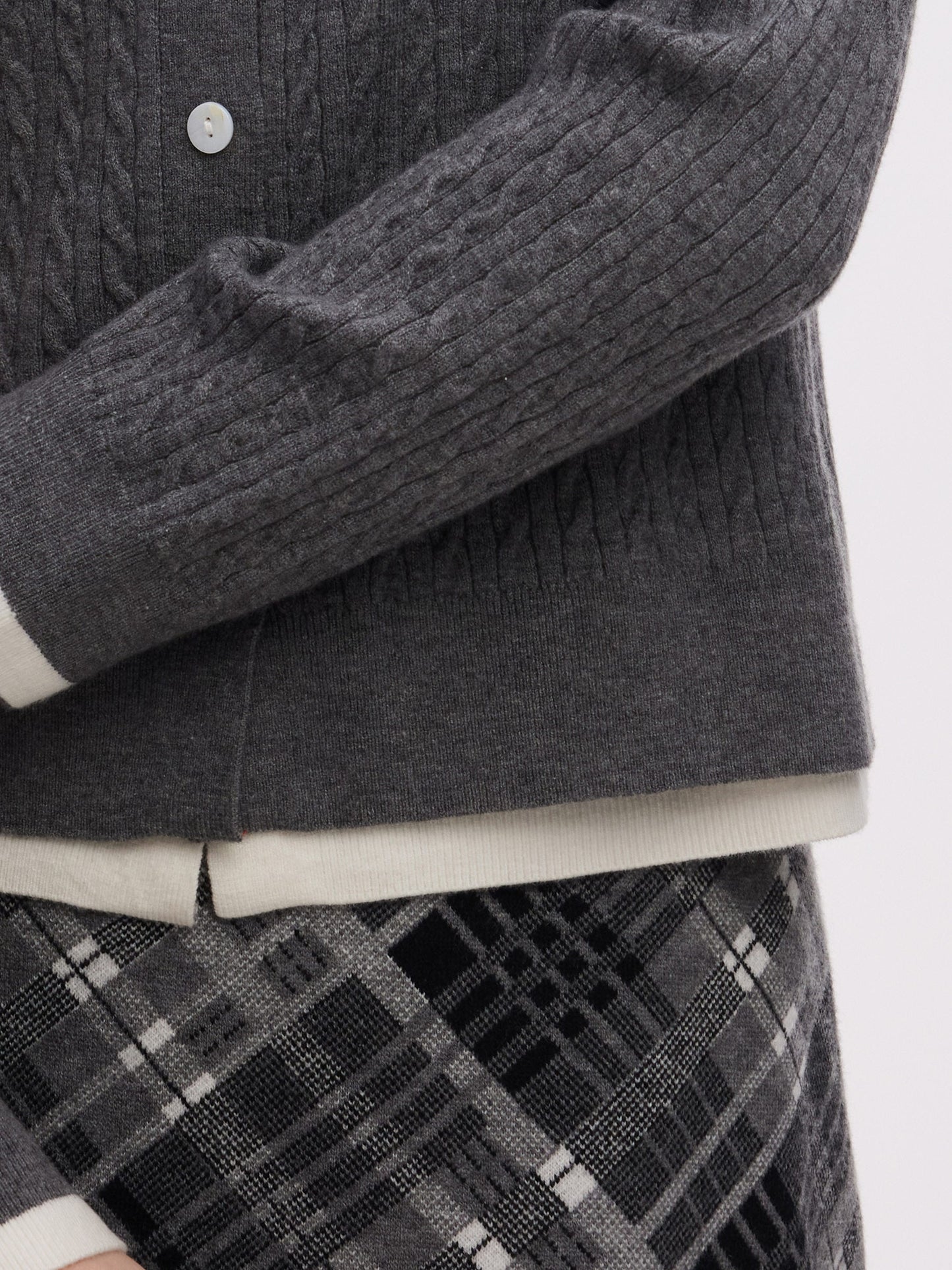 Faux-Layered Cardigan And Plaid Skirt Two-Piece Set