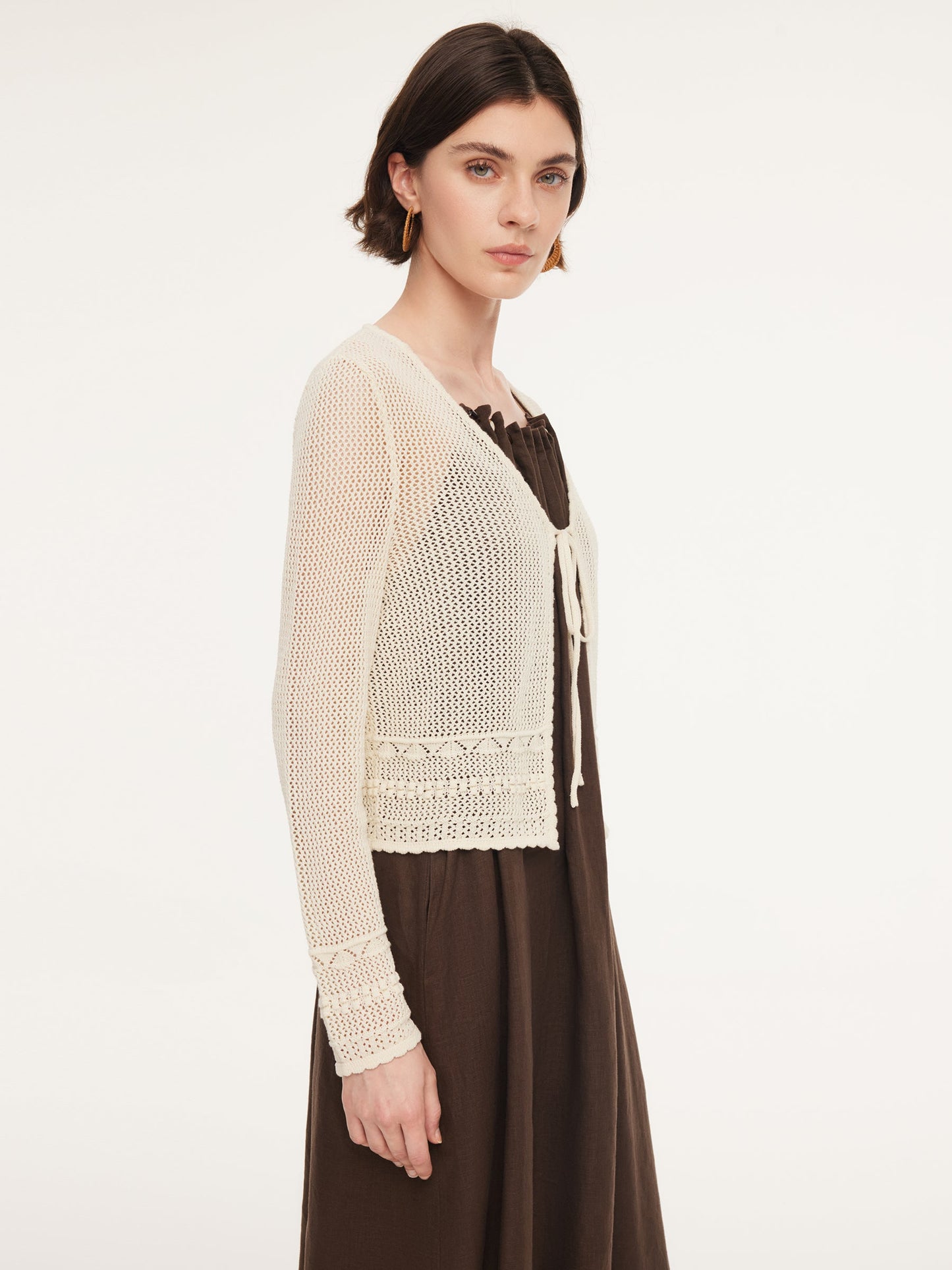 100% Cotton Openwork Tie Front Women Cardigan