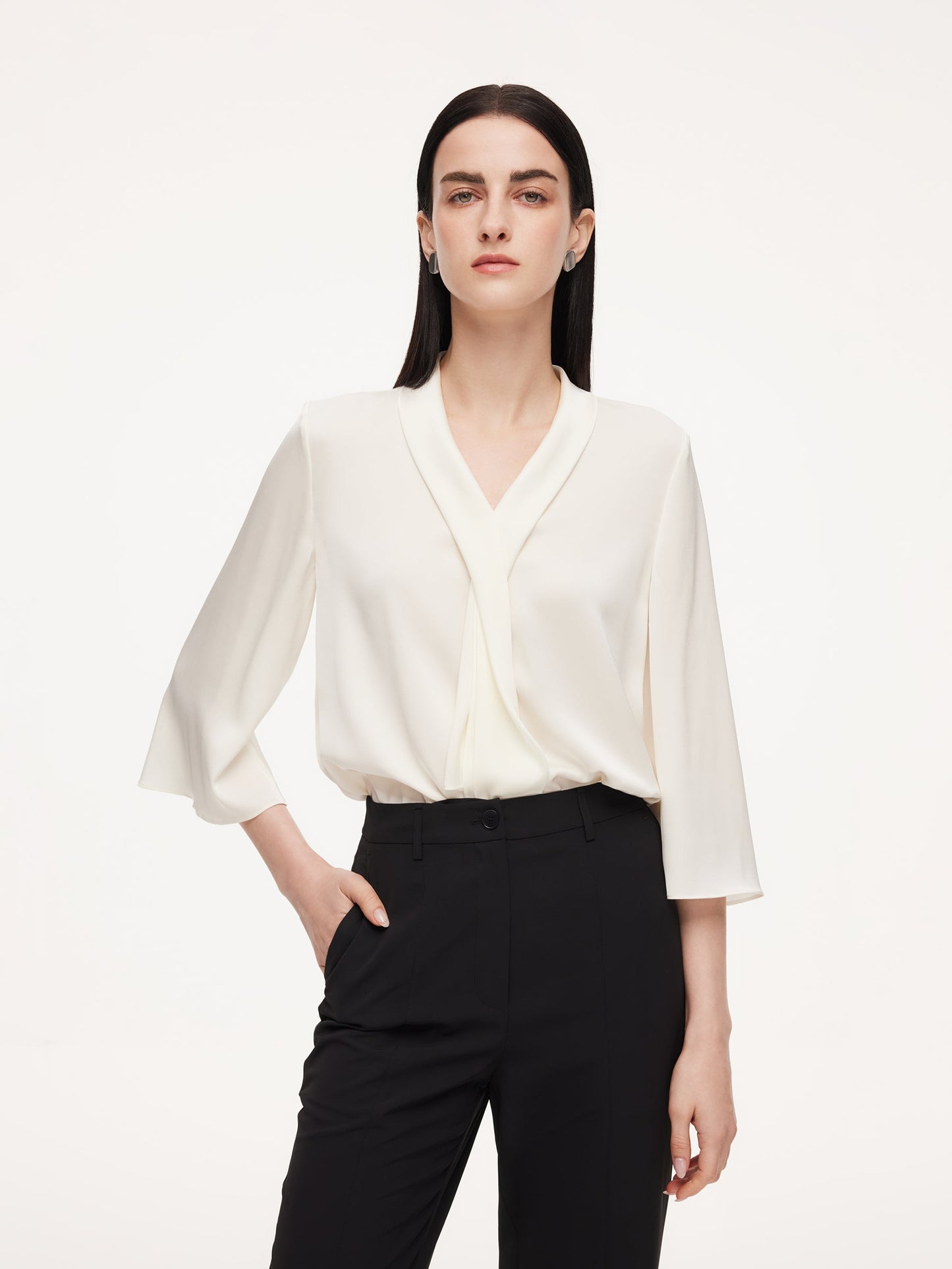 22MM Mulberry Silk Tie Neck Women 3/4 Sleeve Blouse