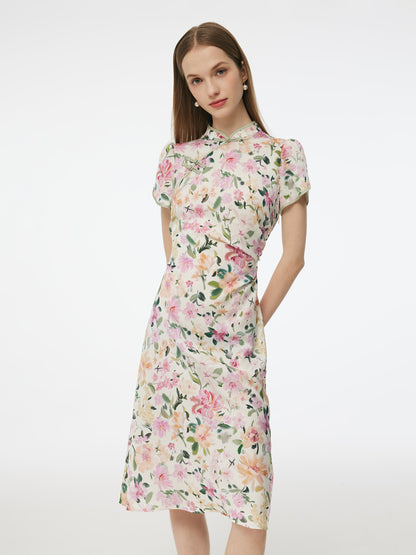 19MM Mulberry Silk Floral Print Side Twist Women Qipao Midi Dress