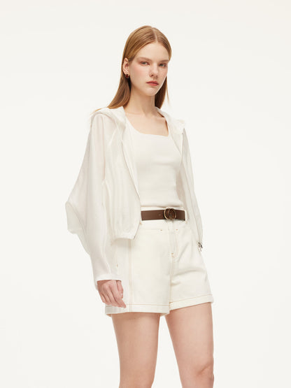 Tencel Acetate Linen Blend Women Zip-Up Hooded Cropped Jacket
