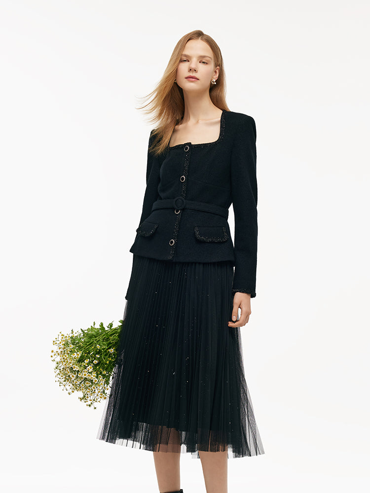 Wool Crop Jacket And Tulle Skirt Two-Piece Set With Belt