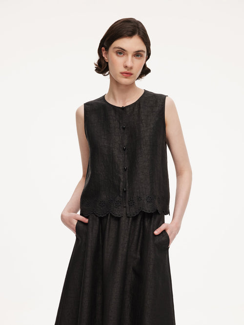 18MM Gambiered Canton Gauze Women Embroidered Hem Vest