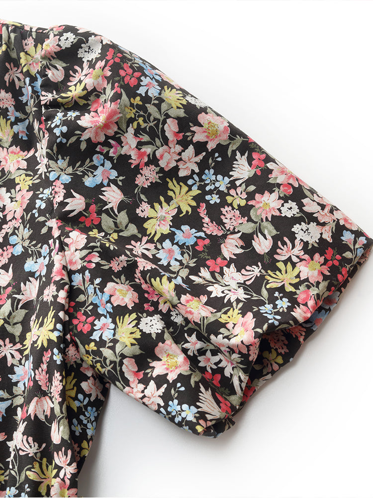 Cotton Puff Sleeve Drawstring Waist Floral Print Women Midi Dress