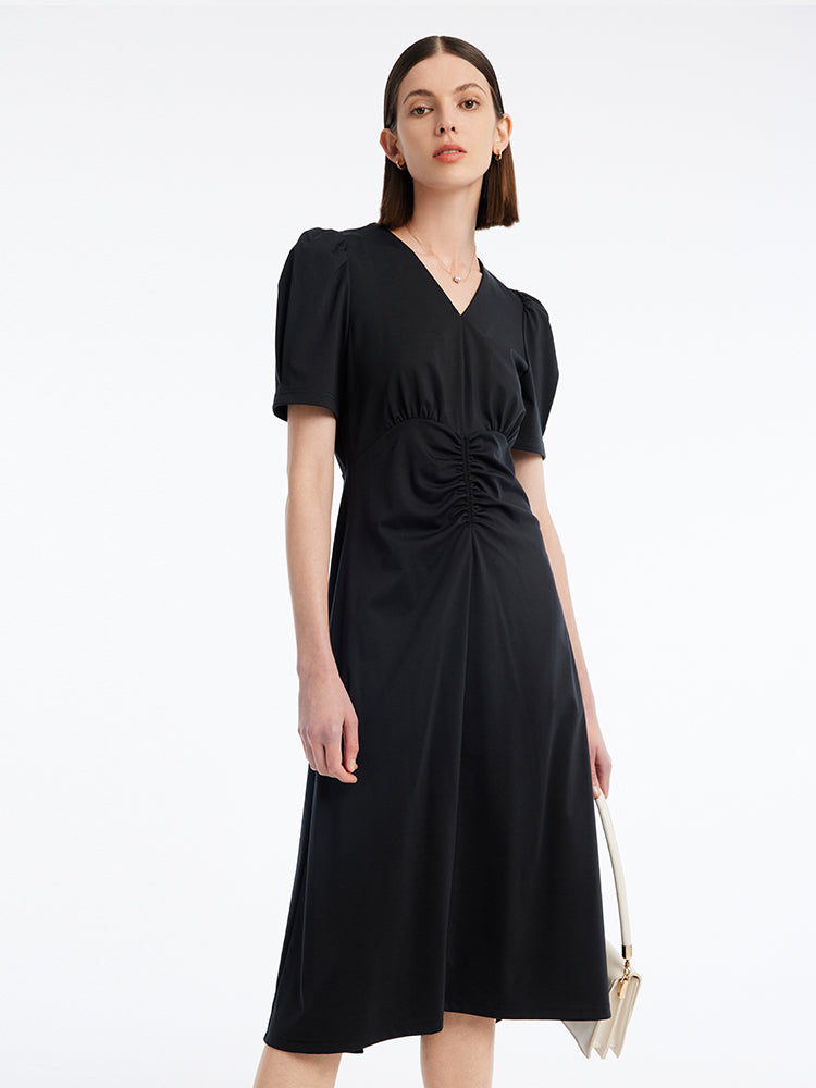 V-neck Pleated Midi Dress