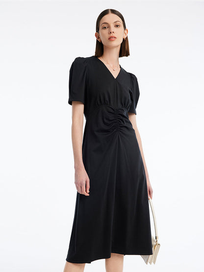 V-neck Pleated Midi Dress