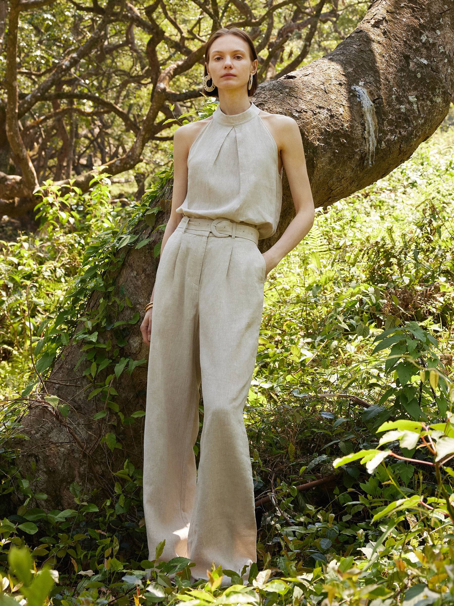 100% Linen Women Straight Leg Pants With Belt