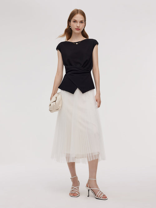 Adjustable Hem Knit Top And Mesh Pleated Skirt Two-Piece Set