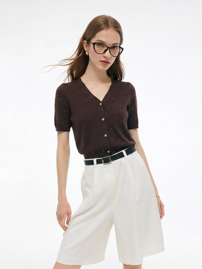 Tencel Wool Blend Rhinestone Women V-Neck Cardigan