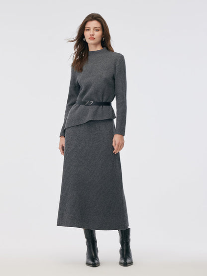 Wool Blend Mock Neck Sweater And A-Line Skirt Two-Piece Set With Belt