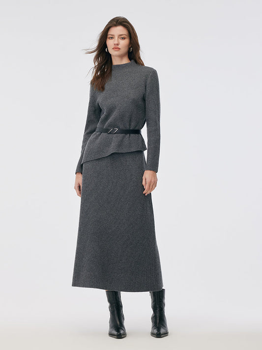 Wool Blend Mock Neck Sweater And A-Line Skirt Two-Piece Set With Belt
