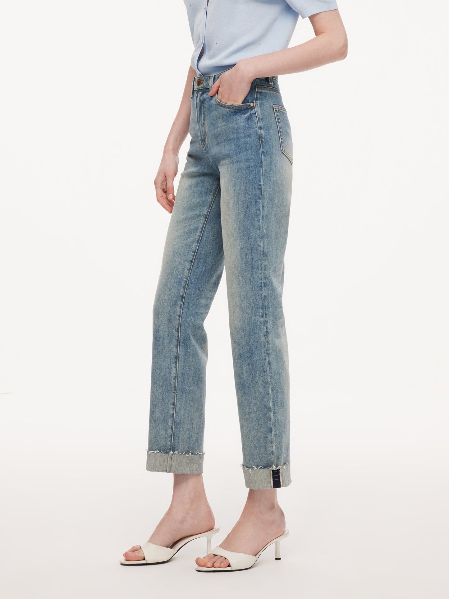 Cotton Denim Adjustable Waist Women Straight Leg Folded Jeans