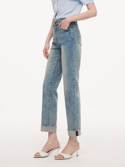 Cotton Denim Adjustable Waist Women Straight Leg Folded Jeans