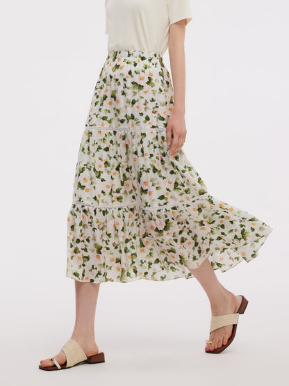Acetate Blend Floral Print Women Tiered Skirt