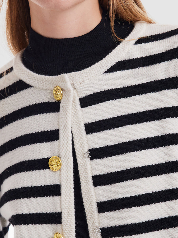 Button Up Woolen Striped Lady Cardigan