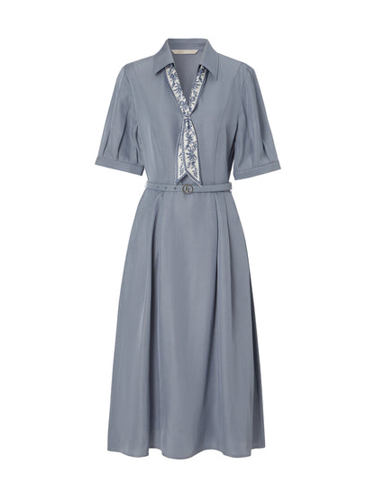 Acetate Tencel Linen Blend Women Midi Dress With Silk Scarf And Belt
