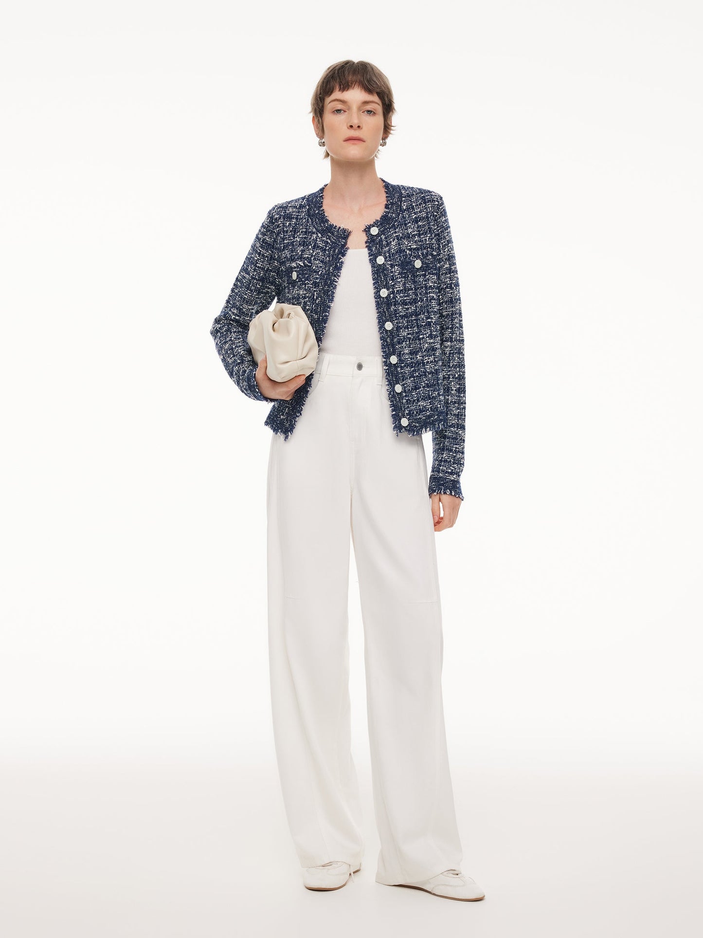 Wool Cotton Blend Frayed Trim Women Cardigan