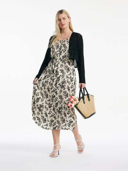 Camellia Print Spaghetti Strap Dress And Knitted Cardigan Two-Piece Set