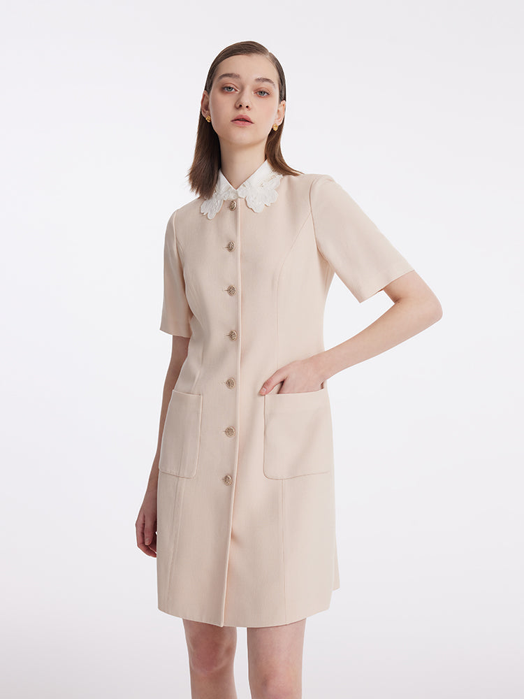 Acetate Single-Breasted Women Mini Dress With Detachable Lace Collar