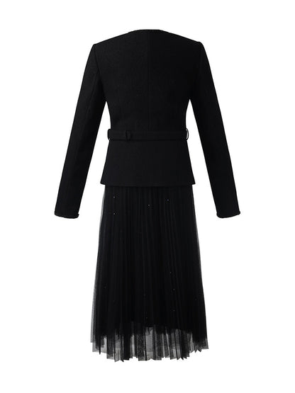 Wool Crop Jacket And Tulle Skirt Two-Piece Set With Belt