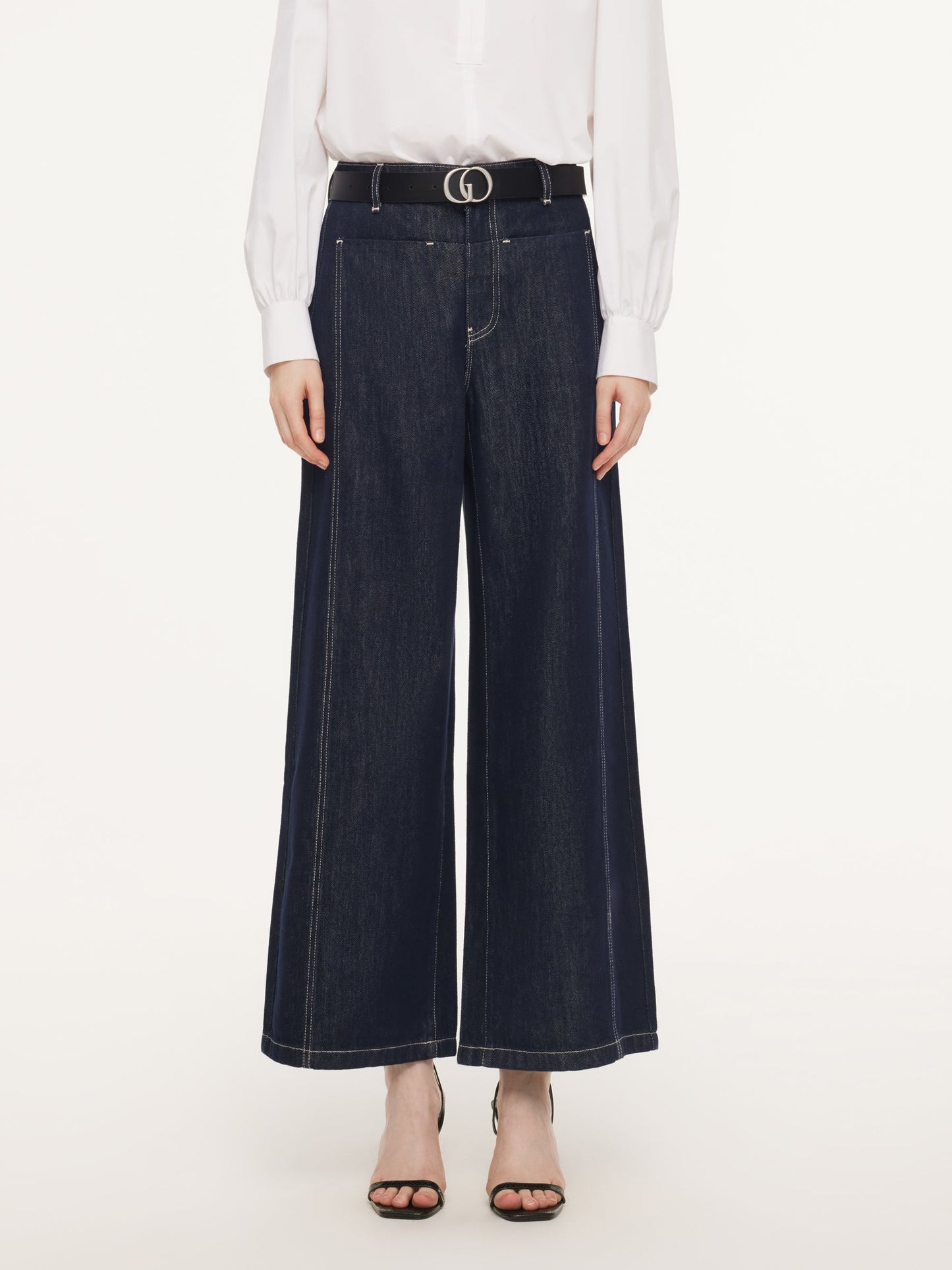 Lyocell Blend Denim Paneled Seam Women Wide Leg Jeans With Belt