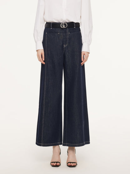 Lyocell Blend Denim Paneled Seam Women Wide Leg Jeans With Belt